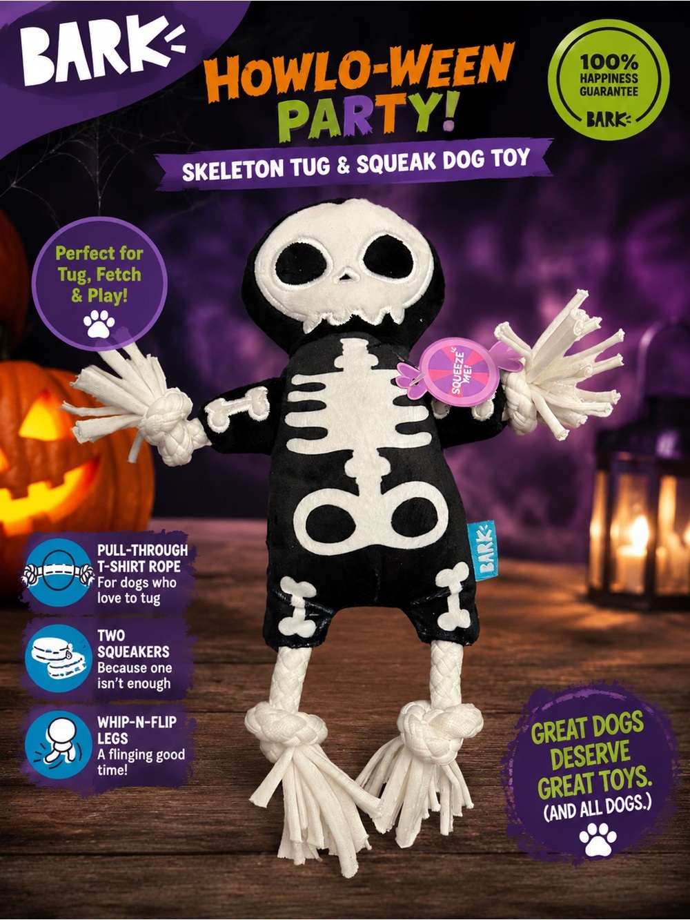 Bark Howlo-Ween Party Skeleton Tug & Squeak Dog Toy - Black & White